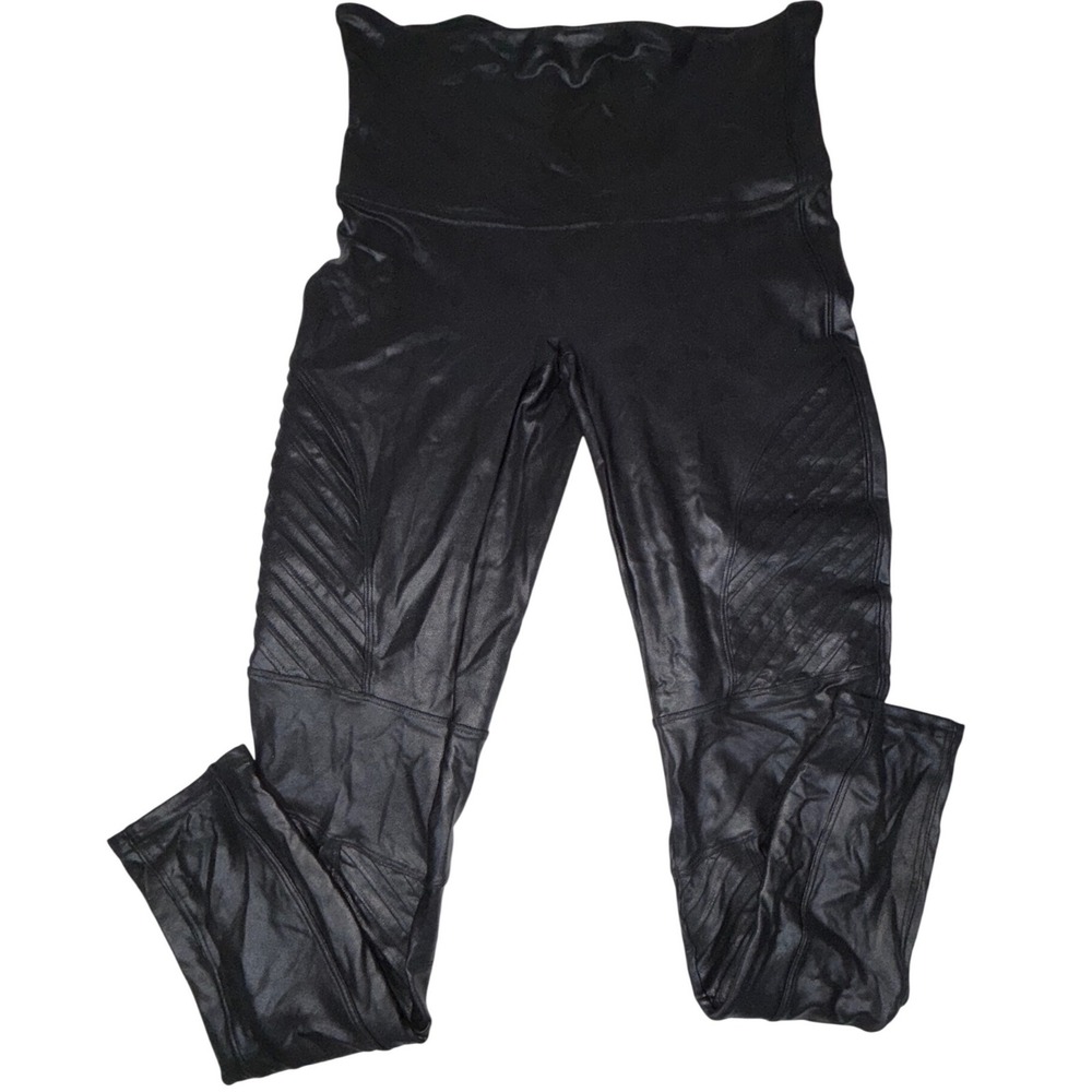 Spanx Faux Leather Moto Leggings Womens L Black High Waisted Ribbed Detail